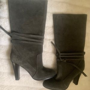BOOTS SUEDE GREY MID CALF AMANDA STRAP WRAP KNOT HEEL SIZE 8.5